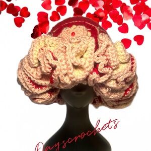 Handmade Crochet ruffle Hat with Red and Cream Accents